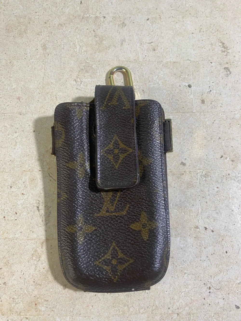 Louis Vuitton Monogram Canvas Phone Holster with Tan Strap and Gold Hardware